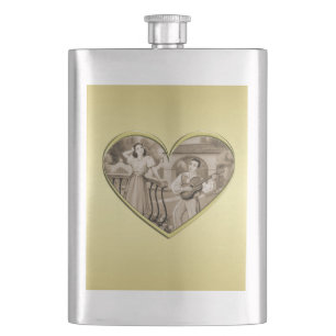 Vintage Romance couple, man and woman, gold Hip Flask