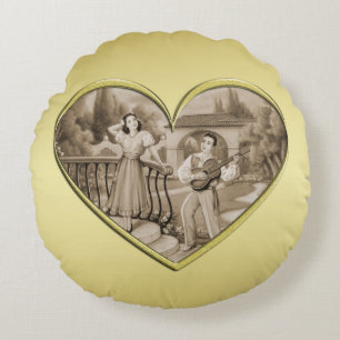 Vintage Romance couple, man and woman, gold Round Cushion