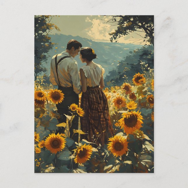 Vintage Romance in Sunflower Fields Postcard (Front)