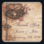 Vintage Romance Key & Hearts Thank You Wedding Square Sticker<br><div class="desc">Beautiful, elegant, romantic, glamourous, personalised vintage wedding thank you stickers / envelope seals with swirls, roses, and a stylish, classy printed metal key hanging by a heart with a brass metal heart shaped lock on an antique brown shabby chic aged effect background with faded writing. Please note: All products on...</div>
