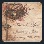 Vintage Romance Key & Hearts Thank You Wedding Square Sticker<br><div class="desc">Beautiful, elegant, romantic, glamourous, personalised vintage wedding thank you stickers / envelope seals with swirls, roses, and a stylish, classy printed metal key hanging by a heart with a brass metal heart shaped lock on an antique brown shabby chic aged effect background with faded writing. Please note: All products on...</div>