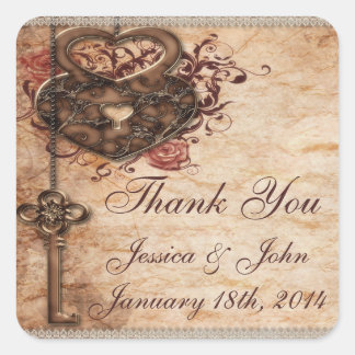 Vintage Romance Key & Hearts Thank You Wedding Square Sticker