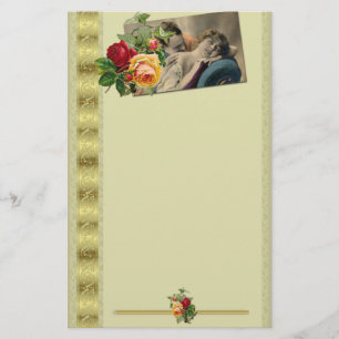 Vintage Romance Postcard & Roses Gold Edge Stationery
