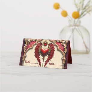 Vintage romance with a heart and wings. place card