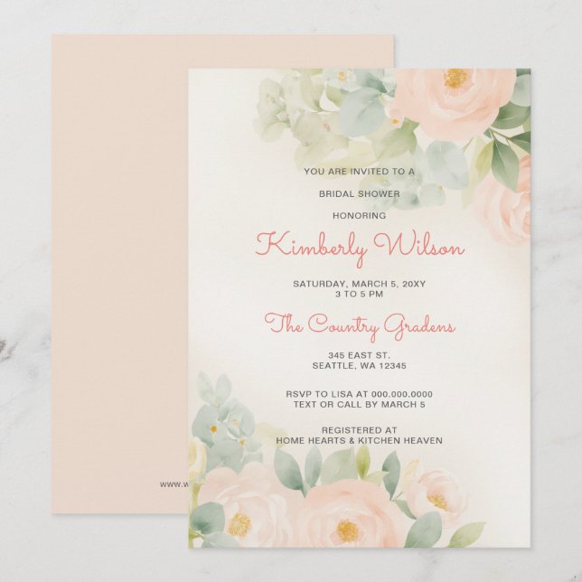 Vintage Romantic Blush Floral Bridal Shower Invitation (Front/Back)