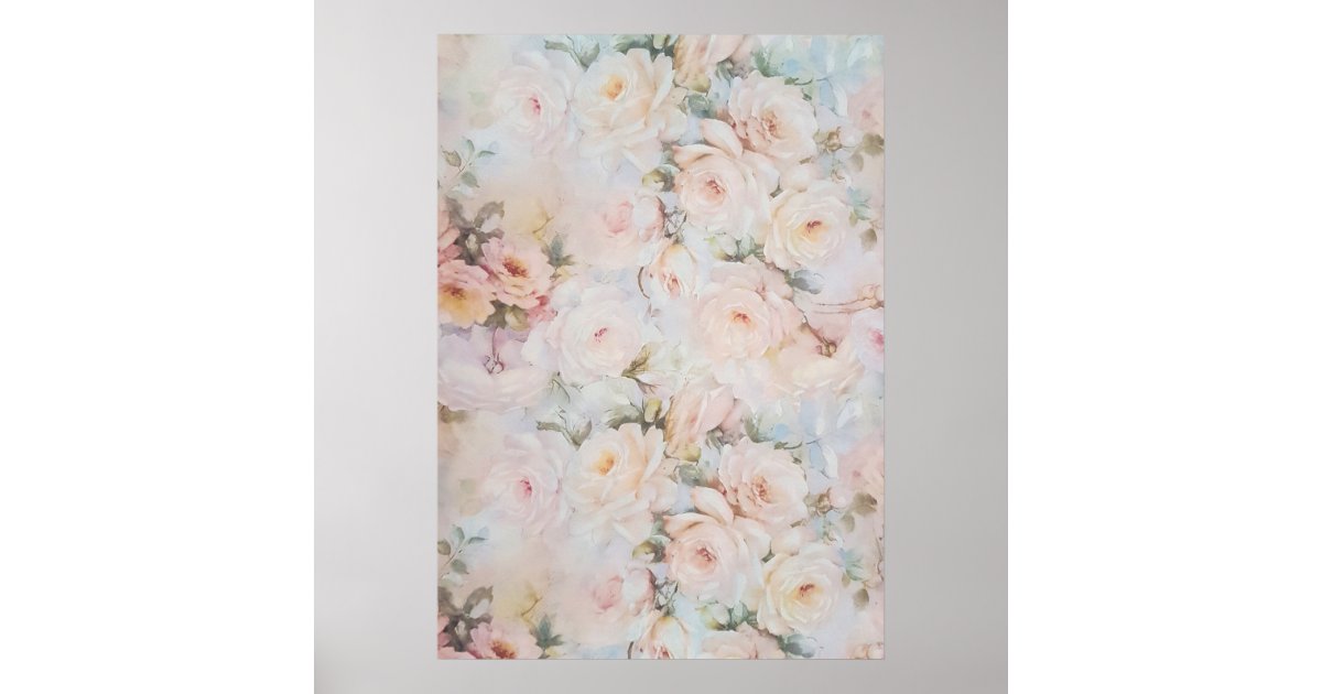 Vintage romantic blush pink ivory roses floral poster | Zazzle
