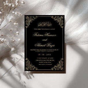 Vintage Romantic Calligraphy Black Muslim Wedding Invitation