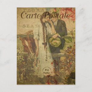 Vintage Romantic Couple Pink Roses French Postcard
