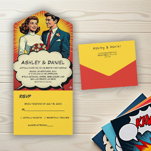 Vintage Romantic Couple Retro Comic Style Wedding All In One Invitation