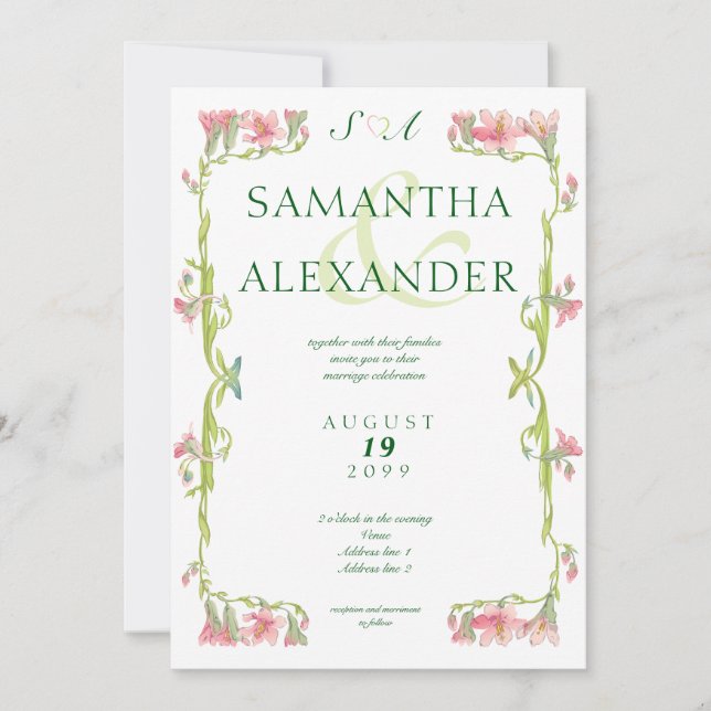 Vintage Romantic Floral Frame Monogram Wedding Invitation (Front)