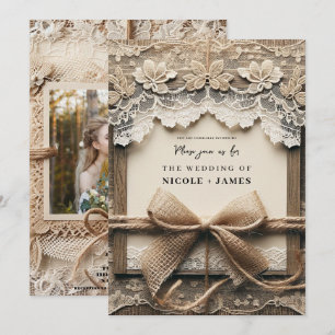 Vintage Romantic Floral Lace Burlap Rustic Wedding Invitation