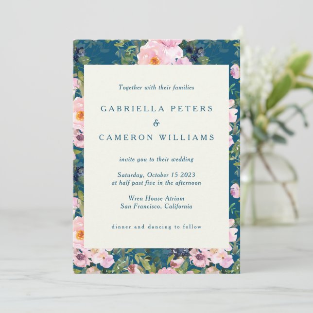 Vintage Romantic Florals in Blue Wedding Invitation (Standing Front)