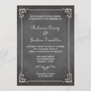 Vintage romantic grey chalkboard scroll wedding invitation