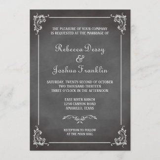 Vintage romantic grey chalkboard scroll wedding invitation