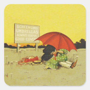 Vintage Romantic Kissing Couple Red Umbrella Funny Square Sticker