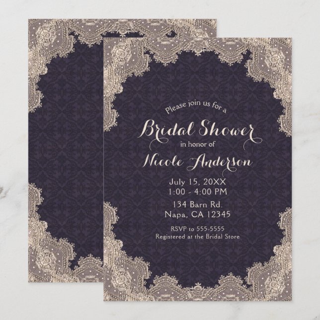 Vintage Romantic Lace Purple Elegant Bridal Shower Invitation (Front/Back)