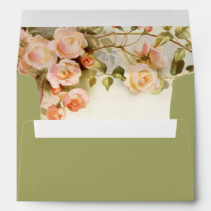 Vintage romantic painting of roses green wedding envelopes