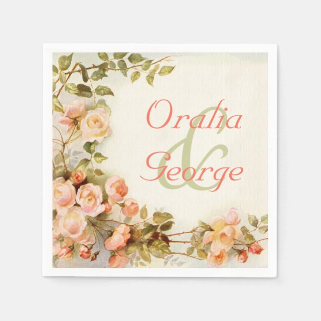 Vintage romantic painting of roses wedding napkin (Front)