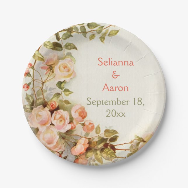 Vintage romantic painting of roses wedding paper plate (Front)