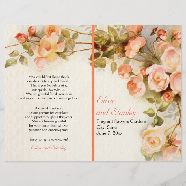 Vintage romantic painting of roses wedding program (Front)