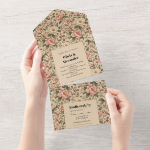 Vintage Romantic Peony & Rose Garden Pattern All In One Invitation