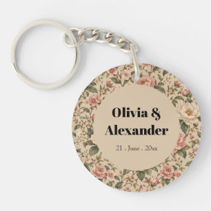 Vintage Romantic Peony & Rose Garden Pattern Key Ring