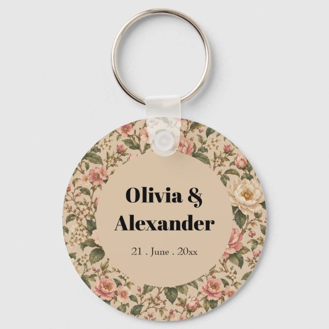 Vintage Romantic Peony & Rose Garden Pattern Key Ring (Front)