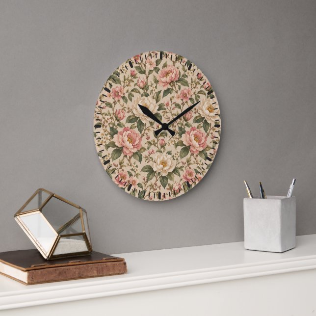 Vintage Romantic Peony & Rose Garden Pattern Large Clock (Office)