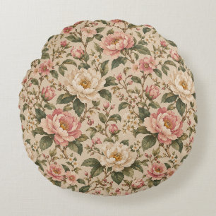 Vintage Romantic Peony & Rose Garden Pattern Round Cushion