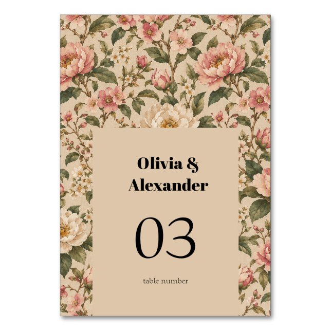 Vintage Romantic Peony & Rose Garden Pattern  Table Number (Front)
