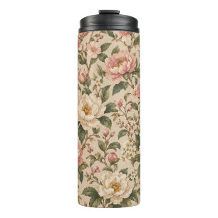 Vintage Romantic Peony & Rose Garden Pattern Thermal Tumbler