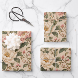 Vintage Romantic Peony & Rose Garden Pattern Wrapping Paper Sheet