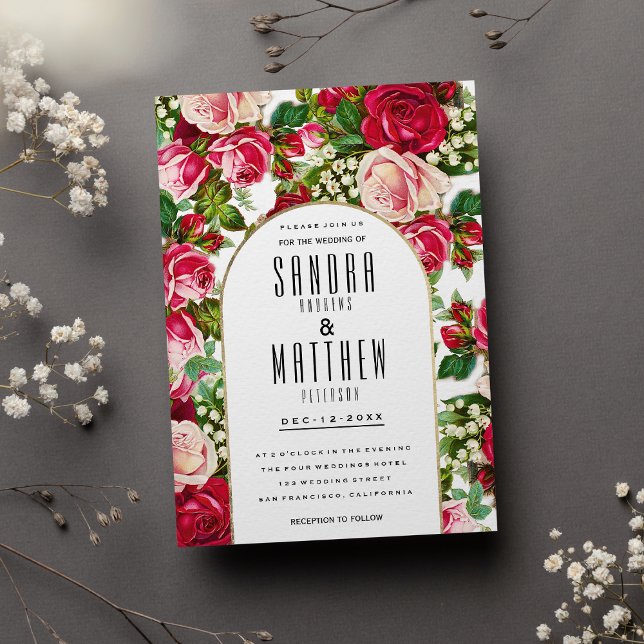 Vintage romantic pink roses floral Wedding Invitation (Vintage romantic pink roses floral Wedding )