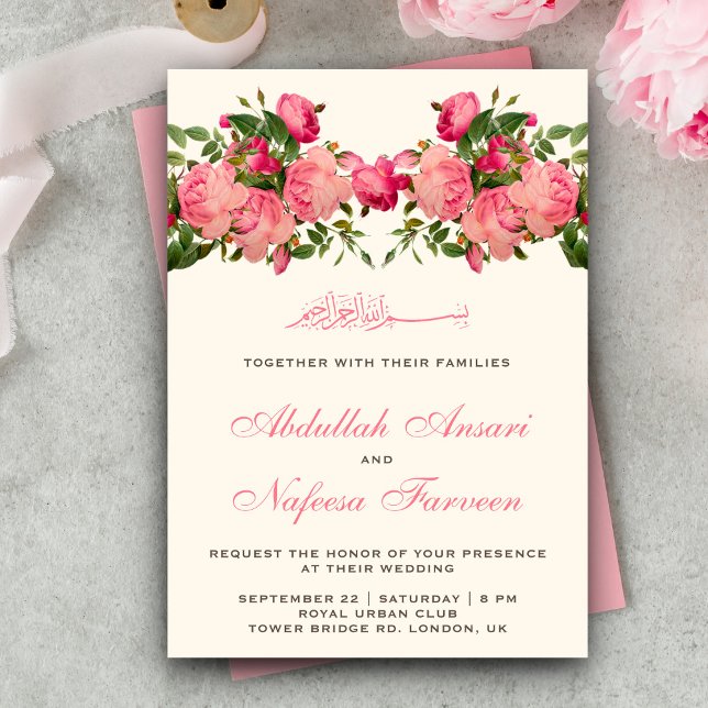 Vintage Romantic Pink Roses Islamic Muslim Wedding Invitation (Creator Uploaded)