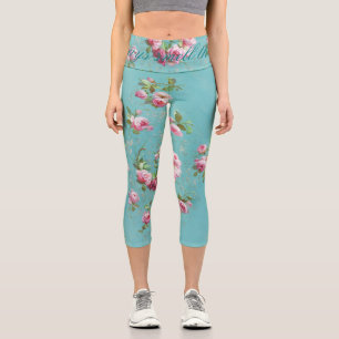 Vintage romantic pink roses on blue capri leggings