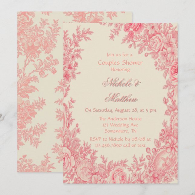 Vintage Romantic Pink Toile Flower Couples Shower Invitation (Front/Back)