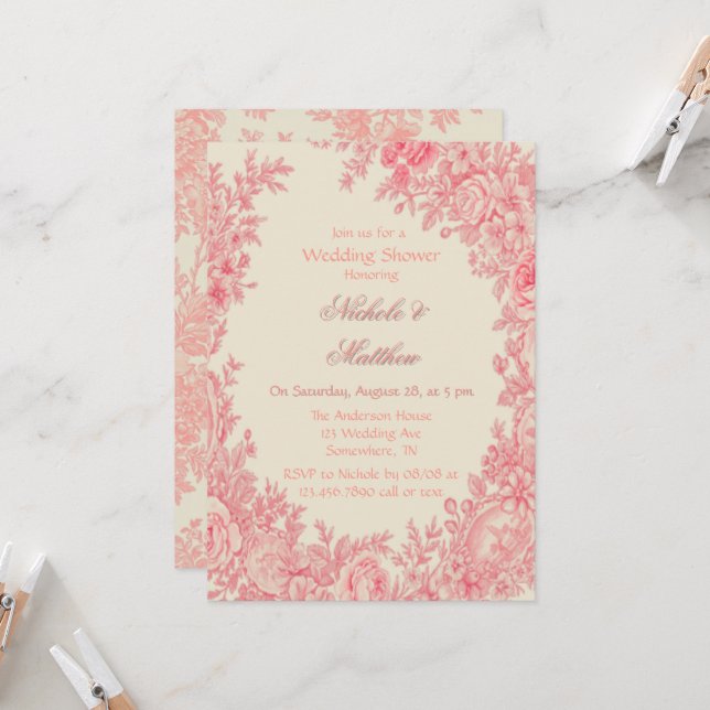Vintage Romantic Pink Toile Flower Wedding Shower Invitation (Front/Back In Situ)