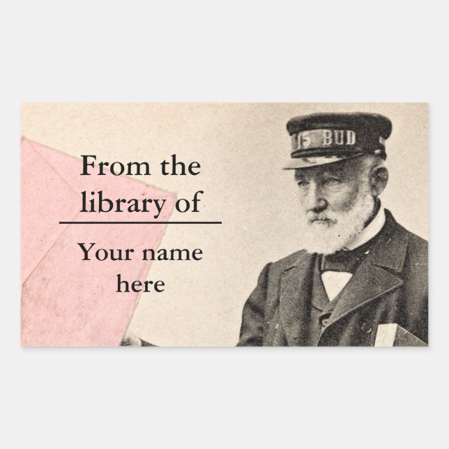 Vintage romantic postman bookplate rectangular sticker (Front)