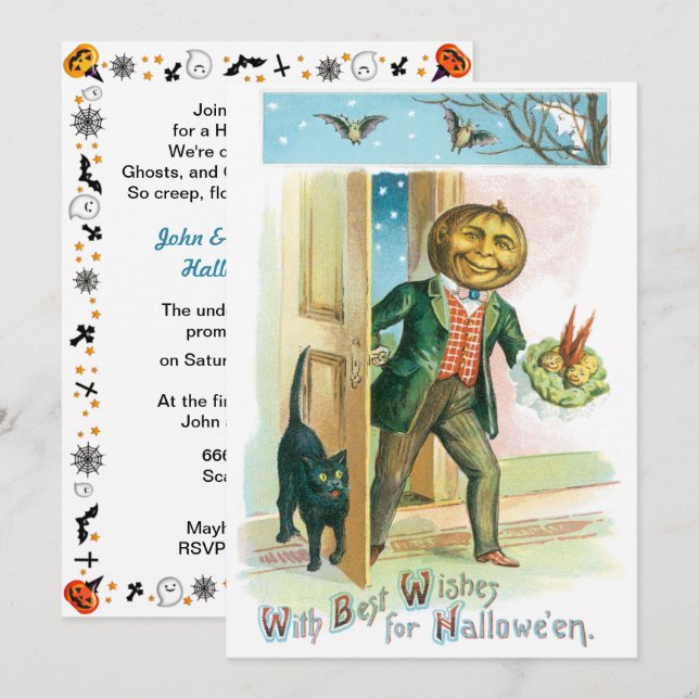 Vintage Romantic Pumpkin Head Halloween Invitation (Front/Back)