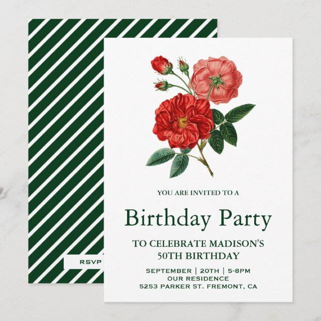 Vintage Romantic Red Roses Birthday Party Invitation (Front/Back)