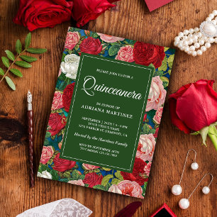 Vintage Romantic Red Roses Floral Quinceanera Invitation