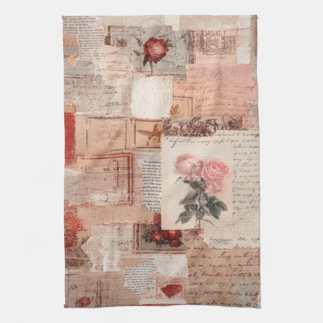 Vintage Romantic Rose Collage (2) Tea Towel (Vertical)