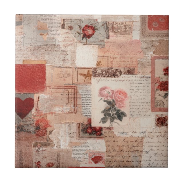 Vintage Romantic Rose Collage (2) Tile (Front)