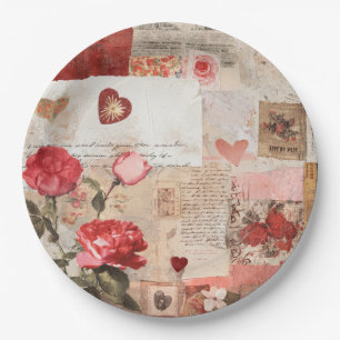 Vintage Romantic Rose Collage (3) Paper Plate