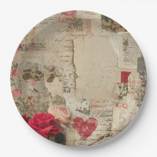 Vintage Romantic Rose Collage (4) Paper Plate