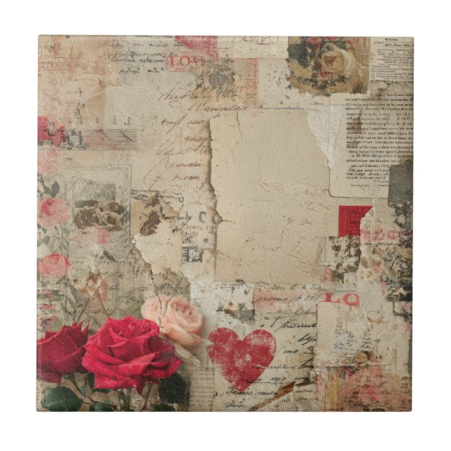 Vintage Romantic Rose Collage (4) Tile (Front)