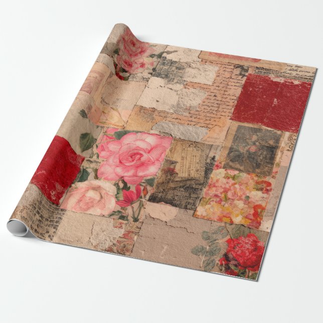 Vintage Romantic Rose Collage (5) Wrapping Paper (Unrolled)