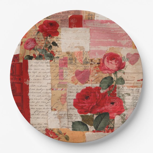Vintage Romantic Rose Collage (6) Paper Plate (Front)