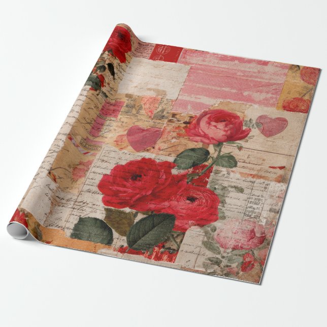 Vintage Romantic Rose Collage (6) Wrapping Paper (Unrolled)