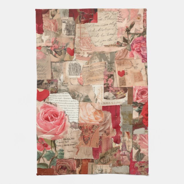 Vintage Romantic Rose Collage (7) Tea Towel (Vertical)